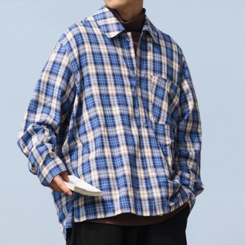 纯棉磨毛感色织蓝白格纹情侣装长袖衬衣男格子衬衫外套